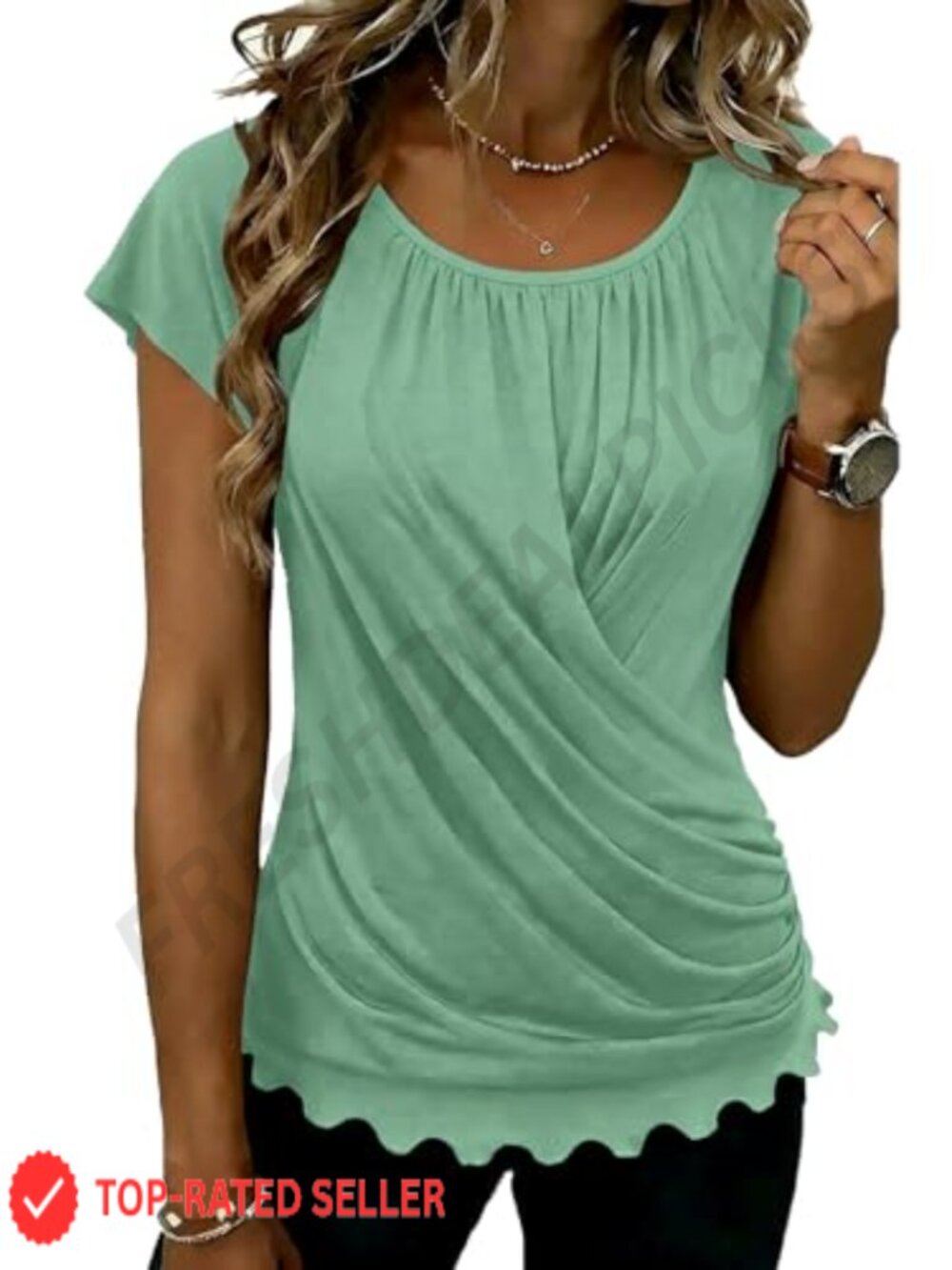 Flamingals Wrap Top Cap Sleeve Crew Neck Ruched Business Casual Blouse